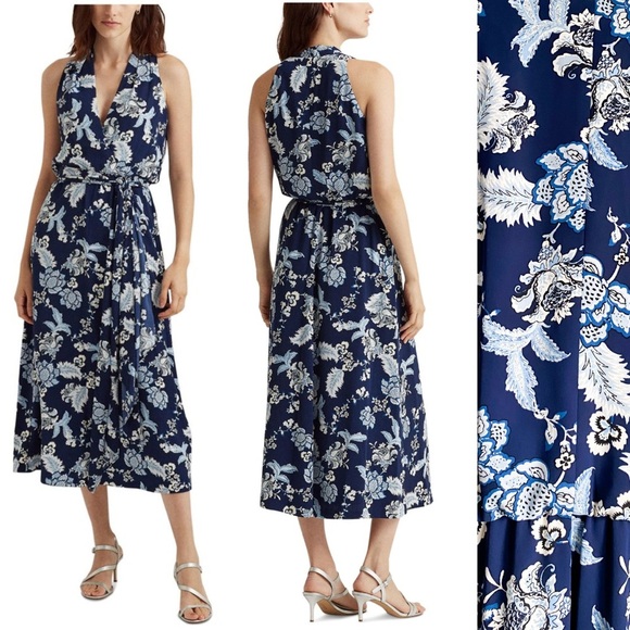 Lauren Ralph Lauren Midi Dress Navy Floral Preppy Twilight Royal Blue French 12 - Picture 1 of 9